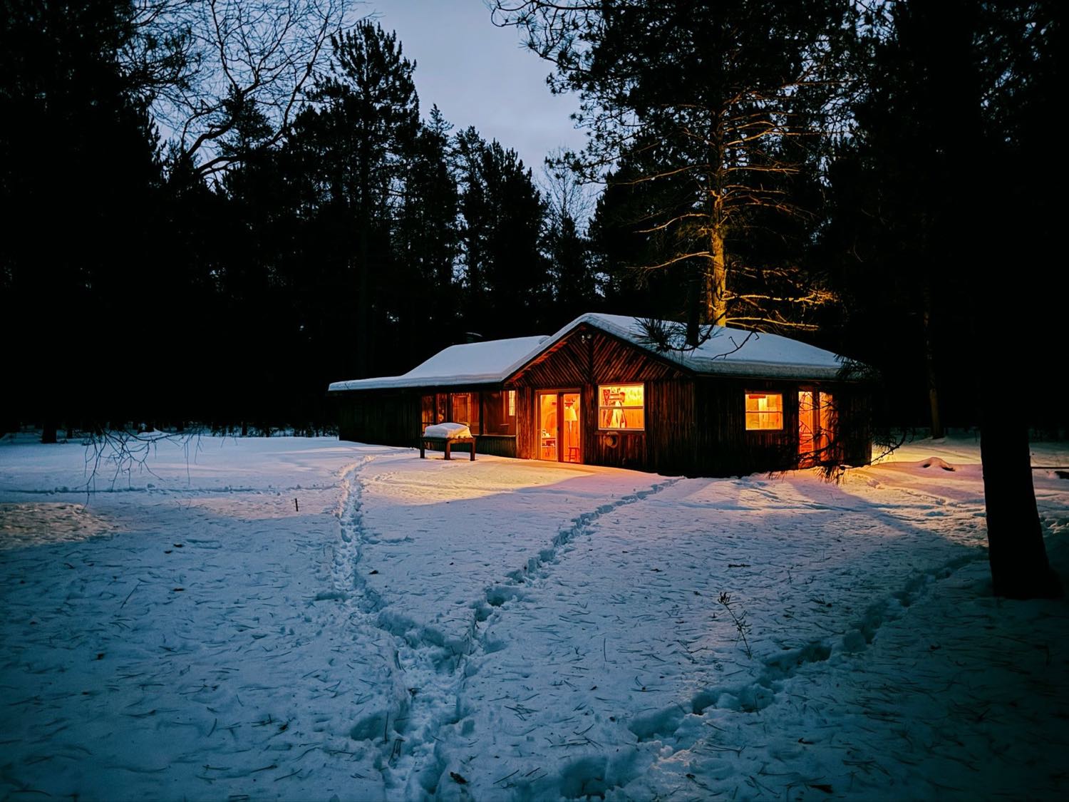 A low timber chalet with warmly lit windows sitting in deep snow among tall pines at dusk